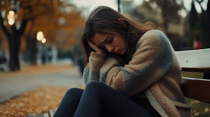 Fototapeta premium Young woman sad and depressed situated on park bench with arms and head on knees : Generative AI