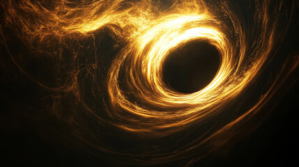 a black hole, with golden light and energy flowing out of it,