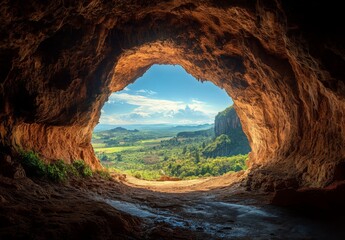 Obraz premium A beautiful cave entrance with a view of the outside landscape, where the contrast between the dark interior and bright exterior creates a stunning visual effect