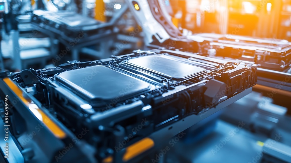 Aufkleber lithiumion ev battery pack assembly process electric car manufacturing inside automotive factory row