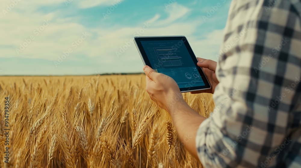 Aufkleber smart farming concept farmer with technology digital tablet on background of wheat field professiona