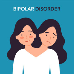 Fototapeta premium Woman with bipolar disorder. Two face woman showing 2 different moods happy and depression.