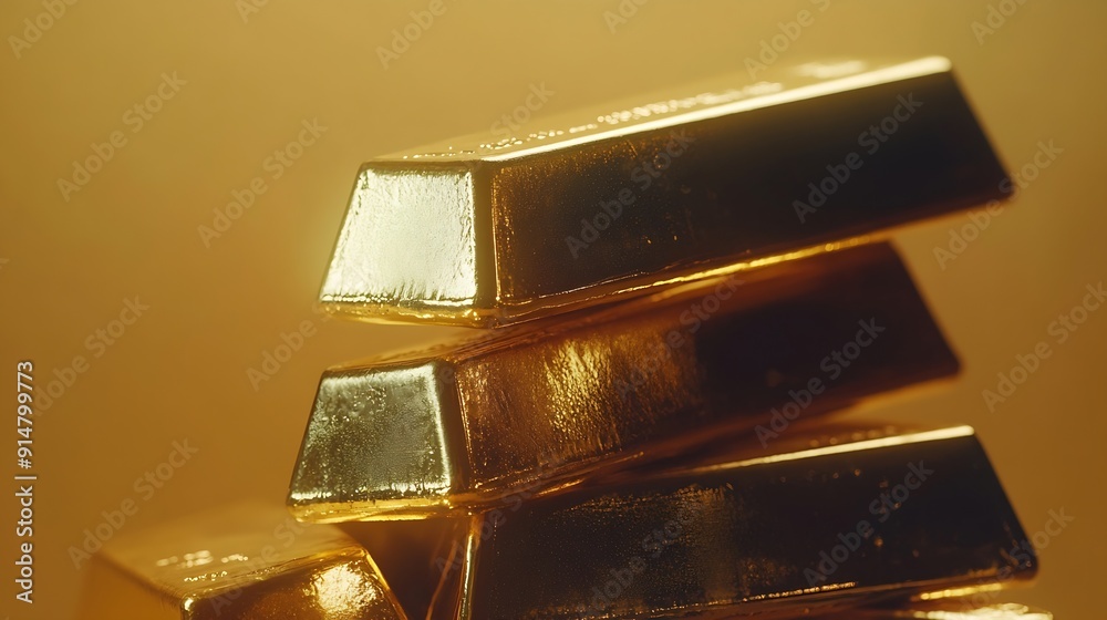 Poster Stack of shiny gold bars on color background closeup : Generative AI