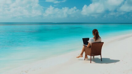 A young woman works on a laptop on the beach in the Maldives The concept of remote work and nomadism Back view Banner : Generative AI
