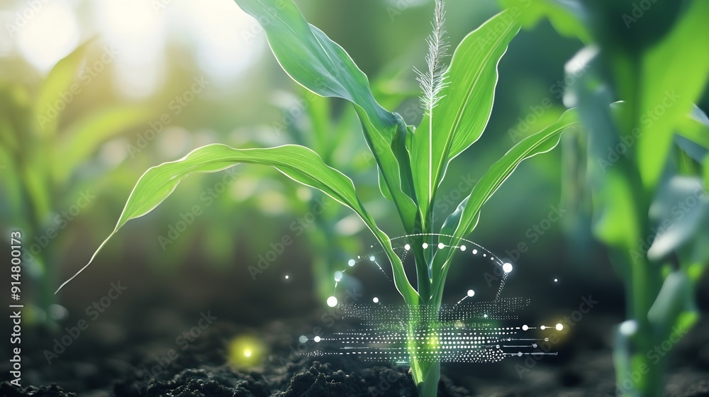 Poster smart farming with iotgrowing corn seedling with infographics smart farming and precision agricultur