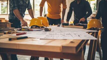 Brainstorming group of architects and engineers discuss building blueprint design paperwork and drawing construction project planning on wooden table in office Construction project bud : Generative AI