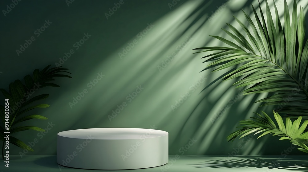 Poster Minimal abstract background for the presentation of a cosmetic product Empty premium podium with a shadow of tropical palm leaves on a green background Showcase display case : Generative AI