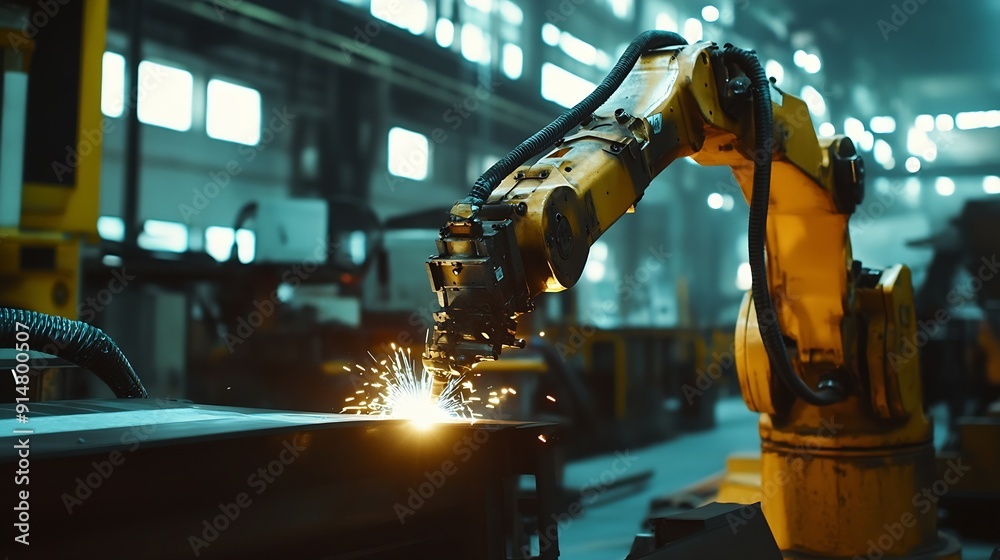 Fototapete Engineers team mechanic using computer controller Robotic arm for welding steel in steel factory workshop Industry robot programming software for automated manufacturing technology : Generative AI