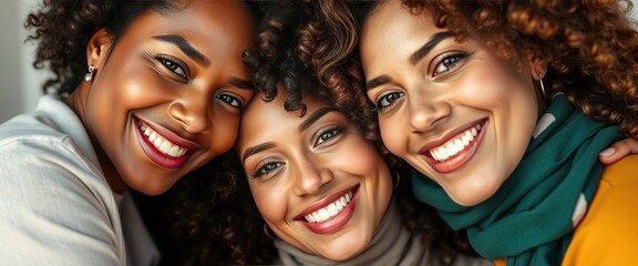 Fototapeta premium Three Diverse Women Smiling Close Up.