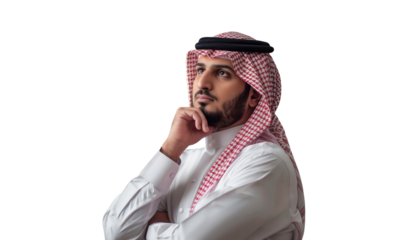 Portrait of a curious Saudi man thinking and looking up with hand at chin, isolated on transparent background