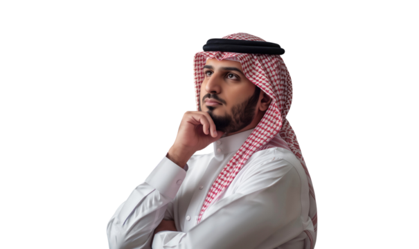 Portrait of a curious Saudi man thinking and looking up with hand at chin, isolated on transparent background