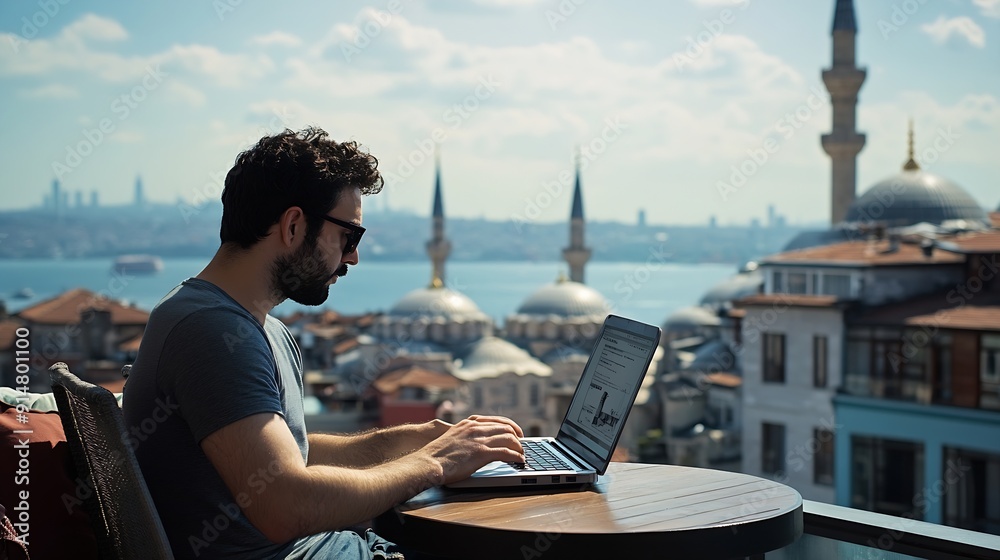 Aufkleber man laptop and digital nomad for agency on internet for travel adventure or location in istanbul mal