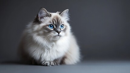 Fluffy grey cat with blue eyes in studio Sitting Neva Masquerade kitten on a gray background High quality vertical photo of longhair cat : Generative AI