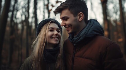 Fototapeta premium Portrait happy young couple friends in woods : Generative AI