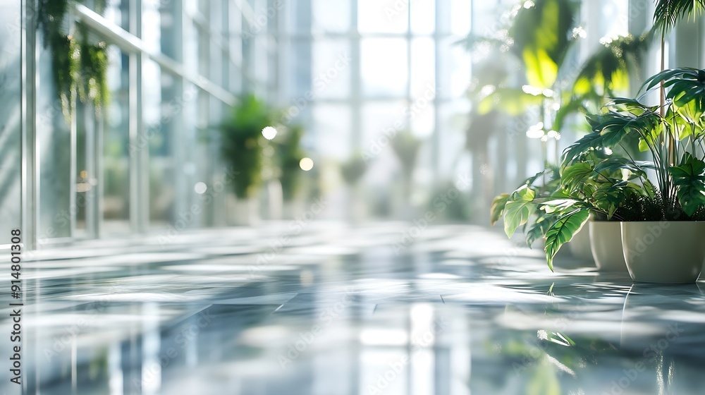 Poster Blur background of spacious lobby with high ceilings and marble floors adorned with indoor plants surrounded with skyscraper Luxury architecture concept Design for interior wallpaper S : Generative AI