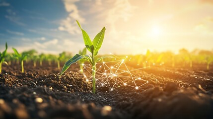 Maize seedling in cultivated agricultural field with graphic concepts modern agricultural technology digital farm smart farming innovation IOT : Generative AI