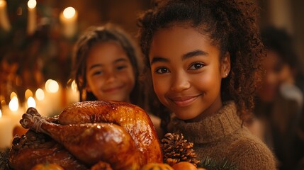 Naklejka premium Selective Focus On A Multiethnic Family Holding A Turkey Near Candles