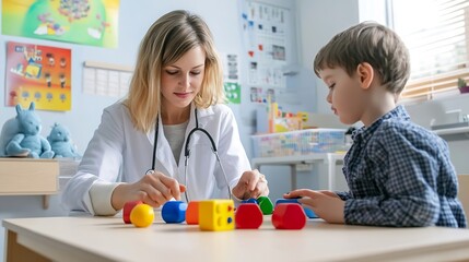 Psychologist using play therapy for testing child with autism disorder : Generative AI