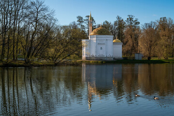 The pavilion of the Turkish Bath on the shore of a Large pond in the Catherine Park in Tsarskoye...