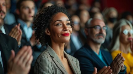 Obraz premium Fashion show audience reaction shots, captivated expressions, clapping, fashion critics, diverse crowd