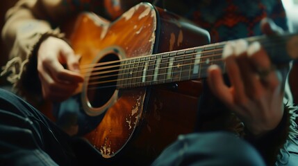 Obraz premium Close-up of a Musician Playing an Acoustic Guitar