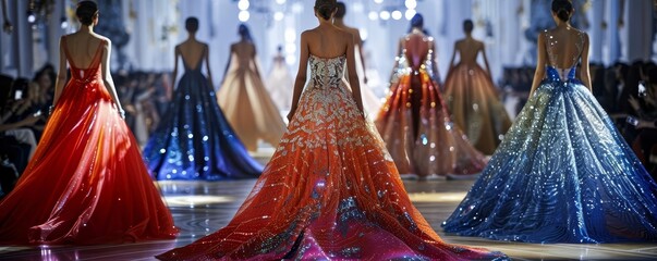 Couture fashion show runway highlights, exquisite gowns, detailed craftsmanship, spotlight on unique designs