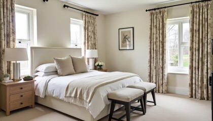 Modern Bedroom Interior with Beige Curtains and White Bed.