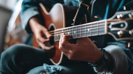 Obraz premium Close-up of a Guitarist's Hand Playing an Acoustic Guitar