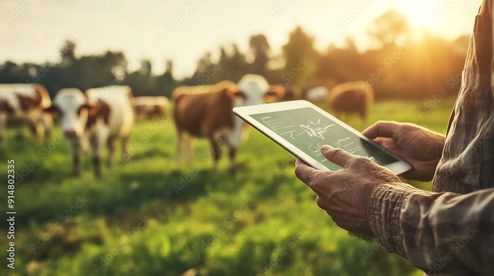 Aufkleber smart agritech livestock farmingfarmer hands using digital tablet with blurred cow as background : g