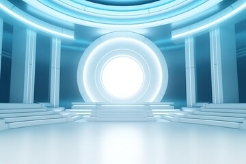 Obraz premium Futuristic stage with blue glowing light and stairs.