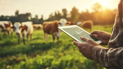 Smart Agritech livestock farmingFarmer Hands using digital tablet with blurred cow as background : Generative AI