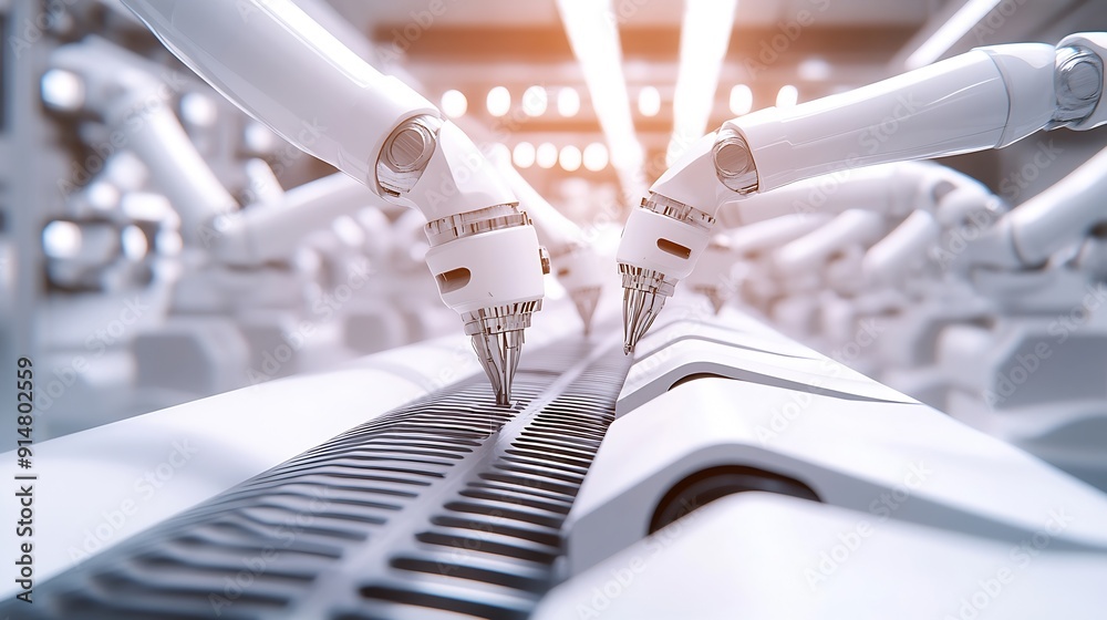 Aufkleber industrial robot arms assemble lithiumion ev battery pack row of white robotic arms at automated pro