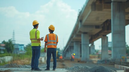Fototapeta premium The chief civil engineer is introducing inspection of a road or expressway construction project under the road to an intern At the expressway construction site : Generative AI