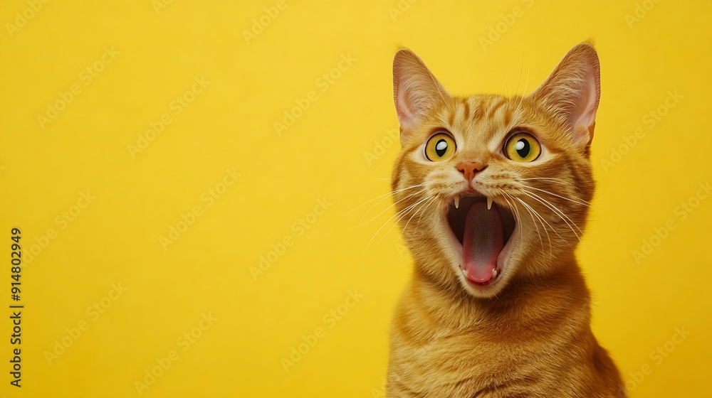 Poster funny ginger cat face isolated on yellow mewing and having widely opened a mouth red pet portrait ho