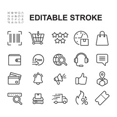 E-commerce Icon Set. Contains icons such as barcode, add to cart, notification bell.