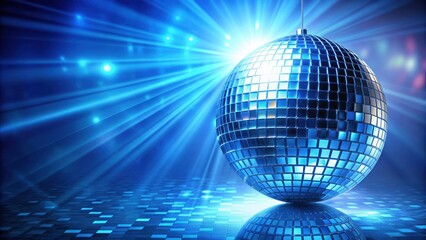 Glistening azure light under the blue disco ball, glow, shimmer, reflection, sphere, dancefloor, nightclub, party