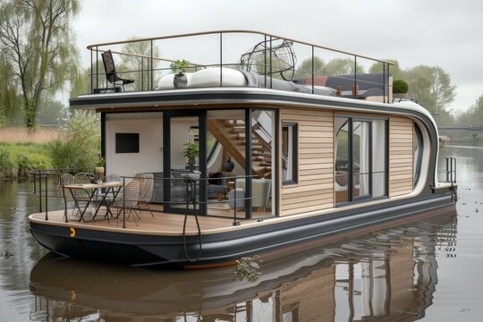 Stylish and functional houseboat with modern amenities and a rustic exterior blending tradition with modernity for adventurous living