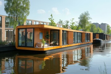 Obraz premium Luxurious floating villa with panoramic glass walls and contemporary wooden finishes offering tranquil waterborne living