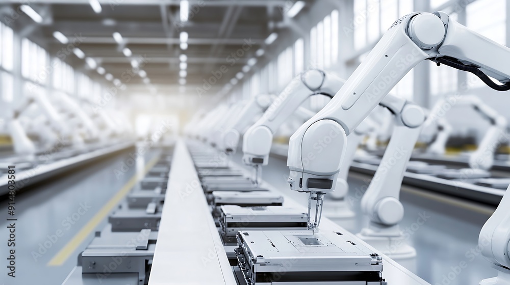 Aufkleber row of white robotic arms at automated production line at factory electric car manufacturing line in
