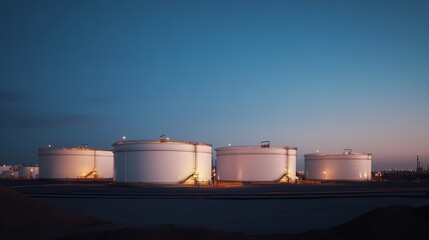 Obraz premium Group of white storage fuel tanks with light and shadow on surface in oil industrial area against blue clear sky background in the evening : Generative AI