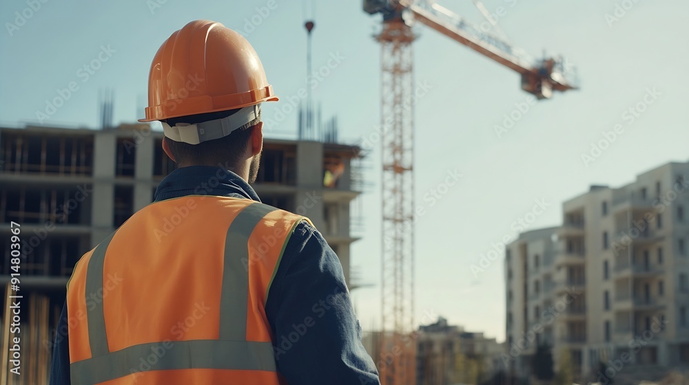 Leinwandbilder builder architect engineer foreman worker with hard hat and safety vest on major construction site with crane in background checking plan : Generative AI