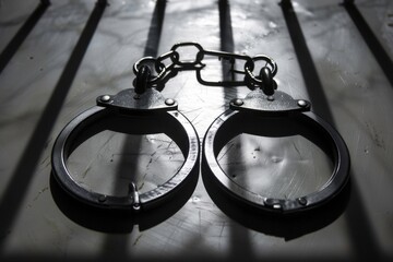 Captivating silhouette of handcuffs and prison bars behind