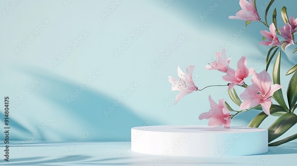 Poster Abstract empty white podium with geometric shadows and pink flowers on blue background Mock up stand for product presentation 3D Render Minimal concept Advertising template : Generative AI