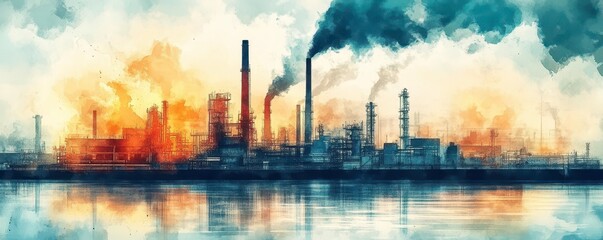 Obraz premium Factory with advanced emissions control systems, eco-friendly technology, watercolor style