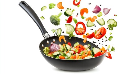 Fresh vegetables fly in a pan on a white background Cooking with various chopped vegetables in a pan The concept of healthy eating and diet : Generative AI