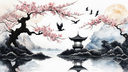 Serene Cherry Blossom Tree, Glowing Moon, and Birds Over Water in a Tranquil, Dreamlike Scene