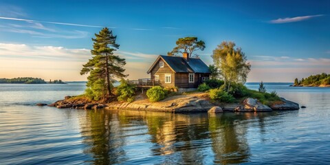 Rustic house overlooking tranquil waters on the edge of an island, rustic, house, island, waterfront, tranquil, serene