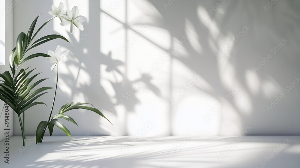 Aufkleber Abstract white studio background for product presentation Empty room with shadows of window and flowers and palm leaves  3d room with copy space Summer concert Blurred backdrop : Generative AI