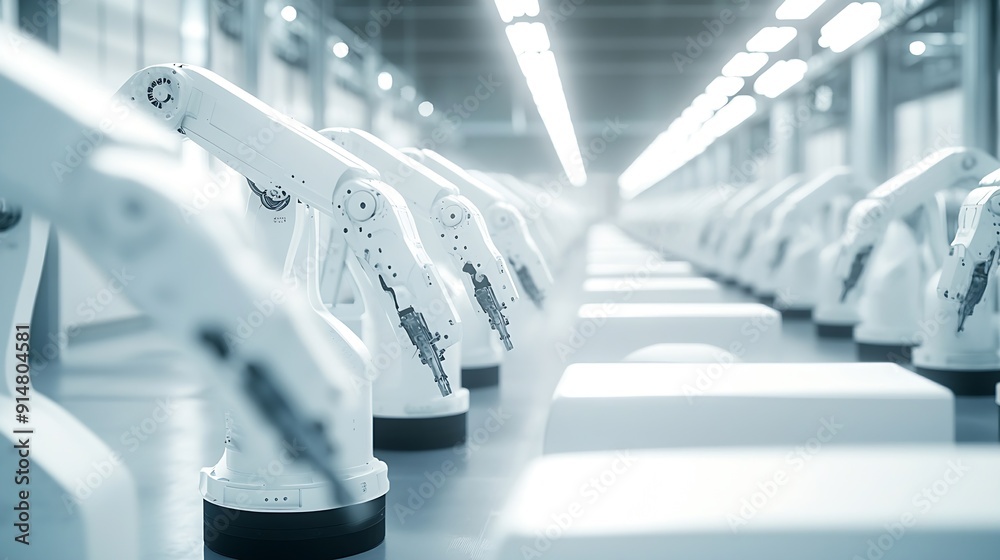 Aufkleber row of white robotic arms at modern factory lithiumion ev battery pack production at automated assem