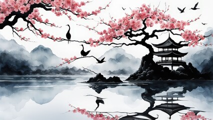 Serene Cherry Blossom Tree, Glowing Moon, and Birds Over Water in a Tranquil, Dreamlike Scene